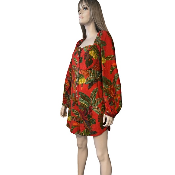 Anthropologie Farm Rio Red Forest Birds Romper Playsuit Linen Tiki Bold Print - Picture 3 of 16